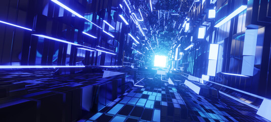 Blue futuristic sci-fi style corridor or shaft background with exit or goal ahead.Abstract cyber or digital speedway concept. 3D illustration, 3D rendering. © killykoon