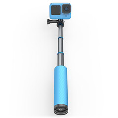 Photo and video lightweight blue action camera with selfie stick on white