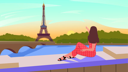Young girl in red clothes sitting on a bridge and looking at Eiffel Tower. Beautiful landscape with Eiffel Tower and bridge in beautiful colors. Modern flat style vector illustration. 