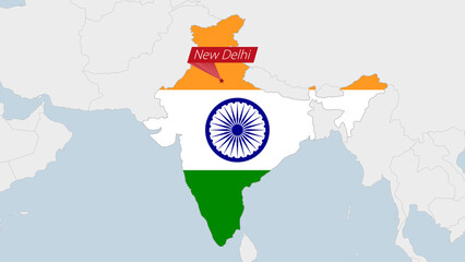 India map highlighted in India flag colors and pin of country capital New Delhi.
