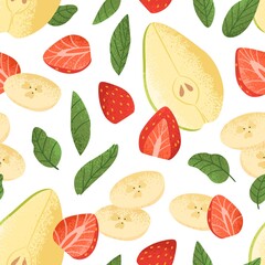 Seamless fruit and berry pattern. Endless background design with natural strawberry, banana, pears pieces. Fresh healthy vitamin food, repeating print. Flat vector illustration of repeatable texture