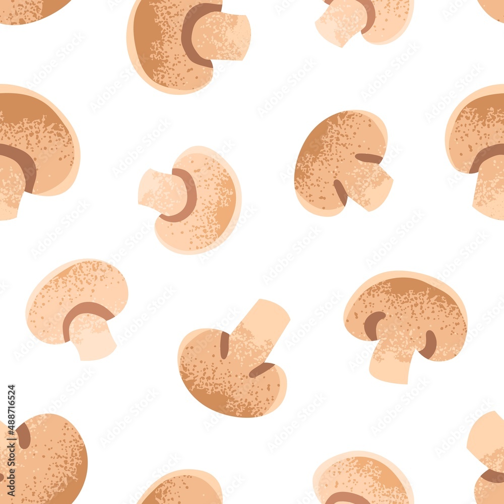 Poster Champignon slices pattern. Seamless background with fresh food pieces, mushrooms. Edible fungi texture design with endless repeating print for wrapping, fabric, decoration. Flat vector illustration