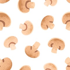 Champignon slices pattern. Seamless background with fresh food pieces, mushrooms. Edible fungi texture design with endless repeating print for wrapping, fabric, decoration. Flat vector illustration