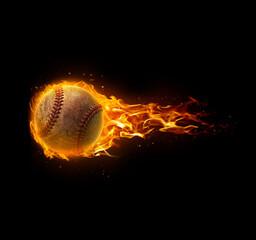 Baseball, on fire on black background