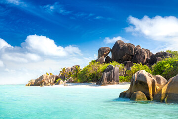 The most beautiful beach of Seychelles. Anse Source D'Argent, La Digue Island, Seychelles - obrazy, fototapety, plakaty
