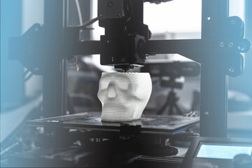 The 3D printer prints white plastic model of skull. modern technology.