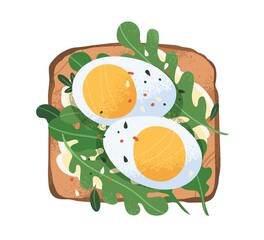 Toast with boiled eggs, rucola and cream cheese on grilled bread. Sandwich with slices of fresh ingredients. Vegetarian snack. Breakfast food. Flat vector illustration isolated on white background
