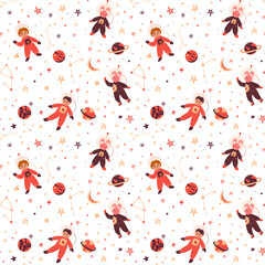 Seamless pattern. Space elements, children's pattern, astronauts, planets, stars. Space and the universe. White background