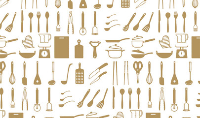 シンプルな調理器具のパターン　手描き　装飾イラスト　キッチン　シームレス