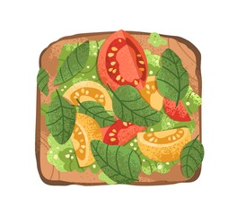 Vegetable toast on grilled bread slice. Open sandwich with fresh cherry tomatoes, basil leaves, mashed avocado and sesame seeds. Vegan snack food. Flat vector illustration isolated on white background