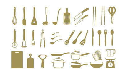シンプルな調理器具のイラスト　手描き装飾セット　キッチン　料理　厨房