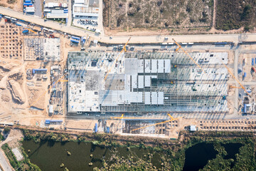 Construction site in aerial or top view consist of construction work, concrete structure of...