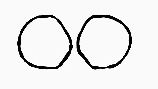 Cells fusing together .Two circles  merging into 1 circle. Outlines of spheres combining into single sphere.  2d cartoon , hand drawn pen and ink style colors . Line art animation on white background