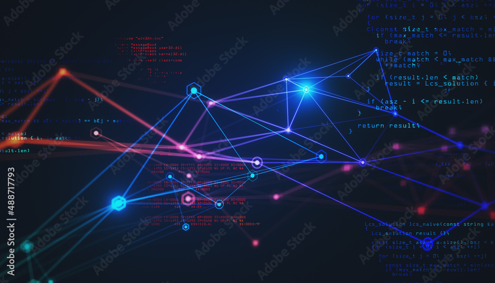 Aufkleber Abstract technology background with digital glowing triangle lines, dots and coding fragment. Internet technology concept. 3D rendering
