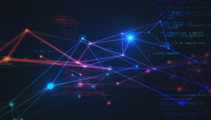 Abstract technology background with digital glowing triangle lines, dots and coding fragment. Internet technology concept. 3D rendering