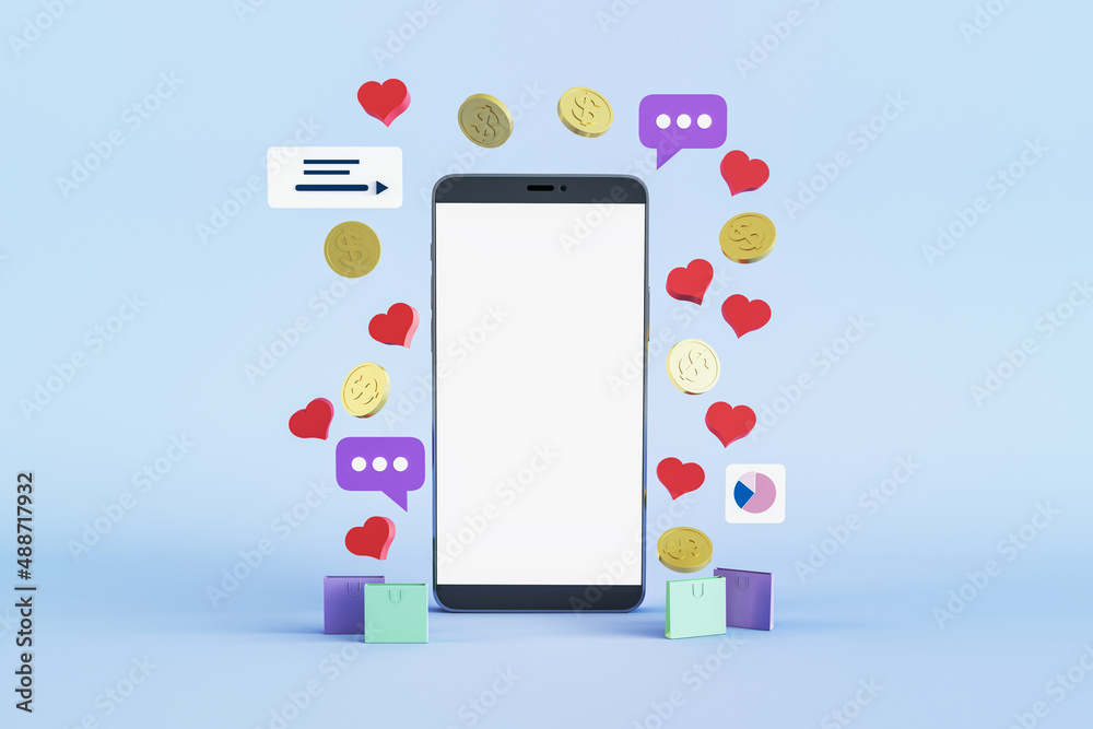 Poster Close up of empty white mock up smartphone screen with online shopping icons. Ecommerce and buy concept. 3D Rendering.