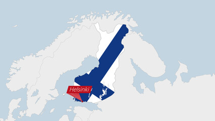 Finland map highlighted in Finland flag colors and pin of country capital Helsinki.