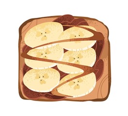 Sweet banana and peanut butter toast. Open fruit sandwich with chocolate paste and caramel topping on grilled square bread. Breakfast food. Flat vector illustration isolated on white background