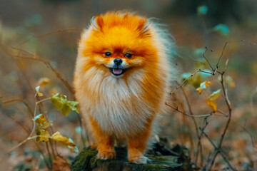 beautiful happy and healthy miniature spitz sitting in the grass while playing outdoors. Vivid ginger dog close up