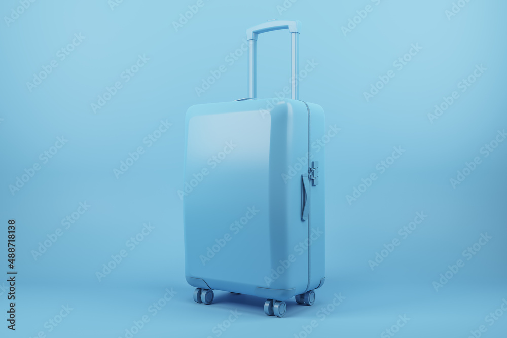 Poster creative blue suitcase background with mock up place. travel and luggage concept. 3d rendering.
