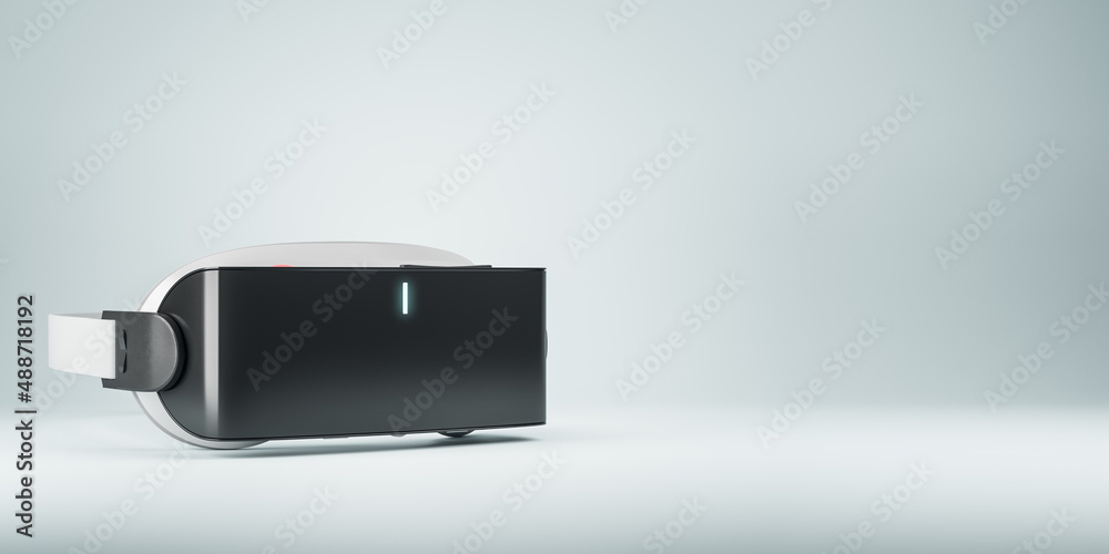 Poster Close up of virtual reality glasses on abstract blurry backdrop with blank mock up place for your advertisement. Headset and gadget concept. 3D Rendering.