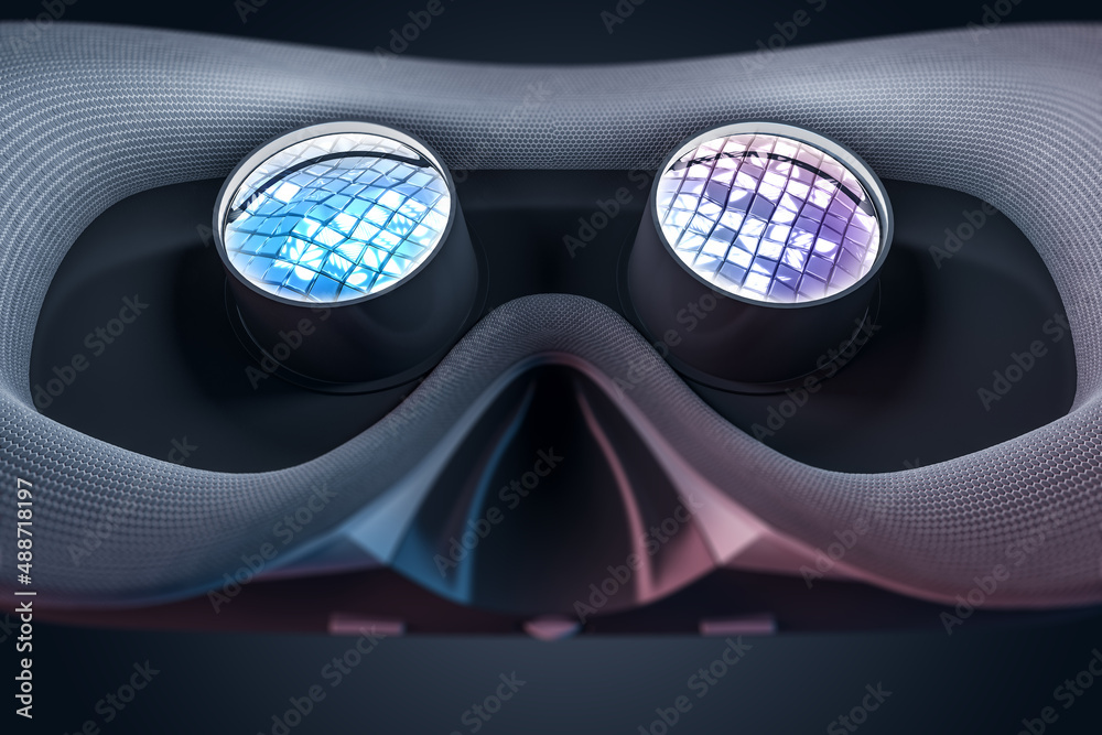 Poster Close up of rear inside view abstract VR glasses on blurry gray wallpaper. Device and augmented reality concept. 3D Rendering.