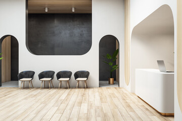 Contemporary wooden office interior with reception desk. Waiting area and lobby concept. 3D Rendering.