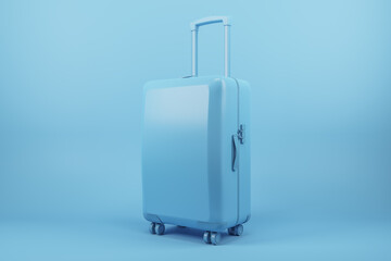 Creative blue suitcase background with mock up place. Travel and luggage concept. 3D Rendering.