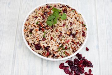 Delicious and healthy Wild rice pilaf with cranberries and pecan nuts