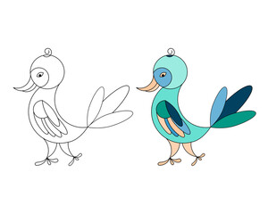 Bird logo style icon, line art design, decorative baby peacock, outline and colored illustration for web card, coloring book for children. White background. Vector