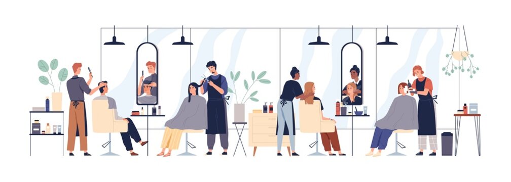 Hairdressers, barbers and customers during hair care, makeover in beauty salon. Hairstylists doing haircuts for people clients, men and women. Flat vector illustration isolated on white background