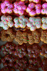 Closeup top view studio shot of various kinds of delicious tasty yummy baking donuts including strawberry chocolate white malt and peanut flavor decorating surface with colorful sugar icing in box