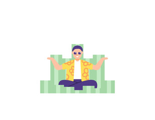 illustration of a man sitting cross-legged and surrounded by piles of money. rich people, financially prosperous. successful businessman. economic well-being. flat vector design. ui, landing page