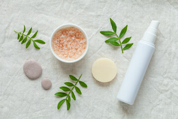 Fototapeta na wymiar Organic cosmetics with natural ingredients: cream, lotion, sea salt