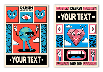 Retro posters or banners in cartoon 80s-90s comic style with fashion patches, pins and stickers. Can be used in cover design, book design, CD cover, advertising, posters and greeting cards. Vector