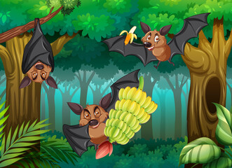 Forest scene with group of bats in cartoon style