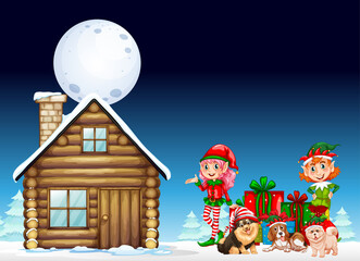Snowy winter night with Christmas elves and dogs