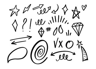 Clip art doodle set elements. Hand drawn black color modern vector illustration.
