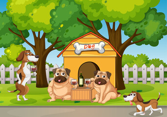 Four dogs drinking wine in the park