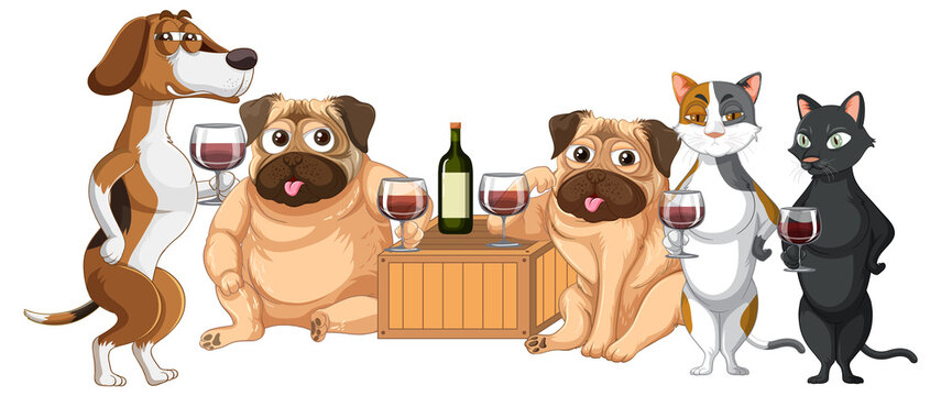 Dogs and cats drinking wine together