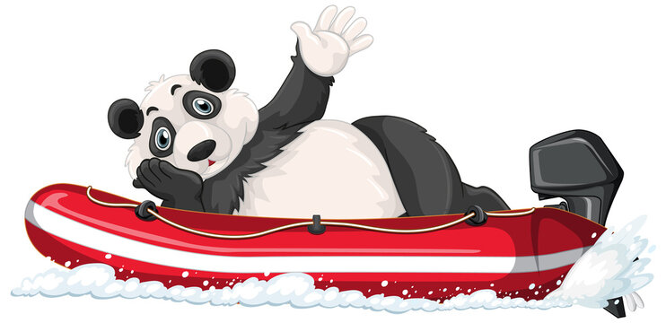 Panda on motor inflatable boat in cartoon style