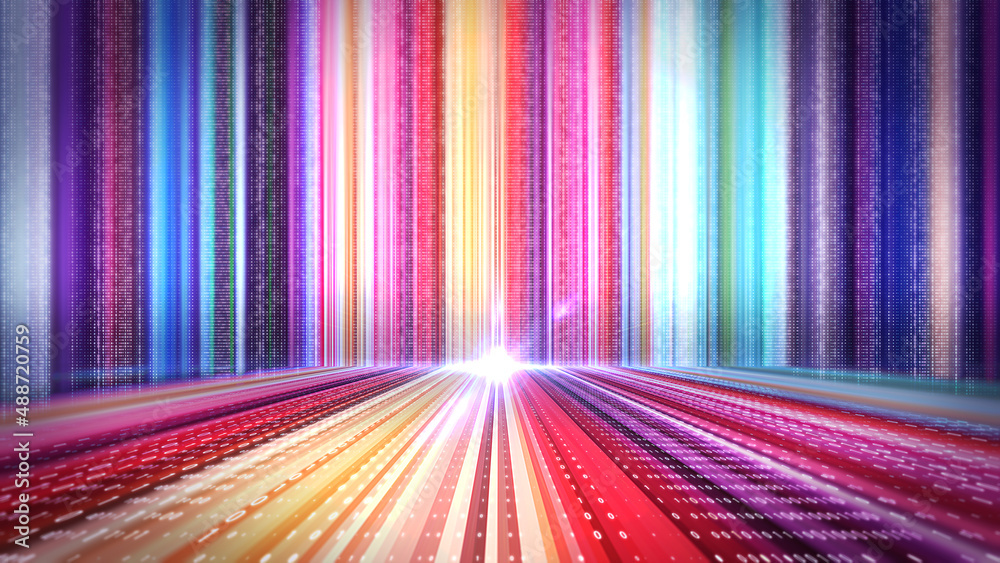 Poster Binary code  background/3D illustration.  Abstract neon background with binary code data. Bytes of binary code flying through a vortex, background code depth of field