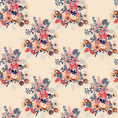 Vector seamless pattern with floral pattern. Boho colors, pastel colors. For printing on fabrics and clothes. For wall design. Poster for the interior, postcard, congratulation. in hand drawn style