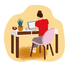 Woman sitting behind desk with laptop, back view, no face. Hand drawn style vector concept illustration on working process featuring abstract female character