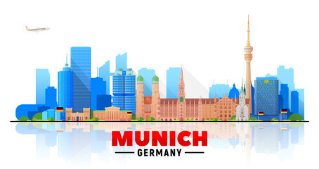 Obraz premium Munich ( Germany ) skyline with panorama in white background. Vector Illustration. Business travel and tourism concept with modern buildings. Image for presentation, banner, website.