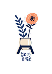 Vector illustration of a flower arrangement in pastel colors. Flowers with vase and lettering composition. For Valentine's Day. Poster for the interior, postcard, congratulation. In hand-drawn style