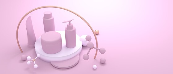 Set of containers for cosmetology products and abstract geometry shapes. 3D render