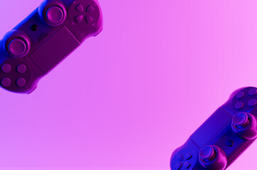 A half of Modern black wireless videogame controller with touch pad on a pink, puple, magenta gradient background. 3d rendering.Copy space for insert content. © Thanaphat