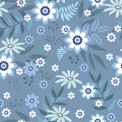 Floral seamless background. Various flowers and leaves on a light blue background.