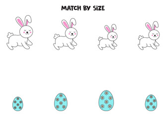Matching game for preschool kids. Match Easter bunnies and eggs by size.